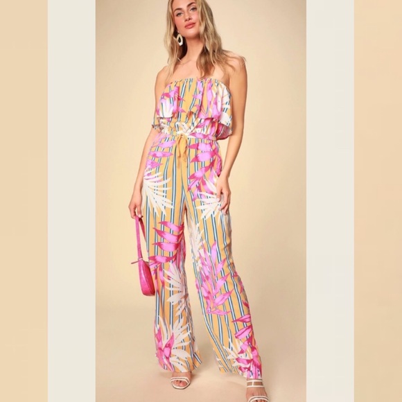 Lulus Pants & Jumpsuits Boho Chic Tropical Floral Ruffle Jumpsuit